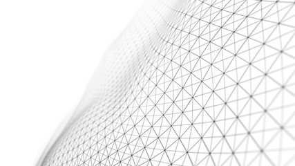 White wave composed of lines and points. Abstract light background. Wave of particles.