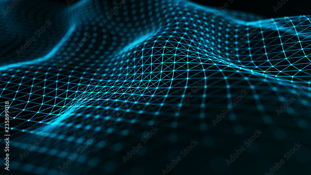 Poster abstract futuristic wave background. wave of particles. wave with connecting dots and lines. 3d rend