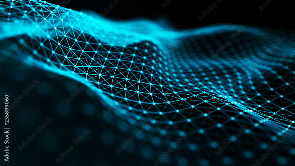 Poster abstract futuristic wave background. wave of particles. wave with connecting dots and lines. 3d rend