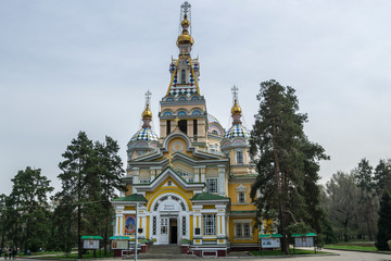 Fototapeta na wymiar The Ascension Cathedral also known as Zenkov Cathedral a Russian Orthodox cathedral located in Panfilov Park in Almaty