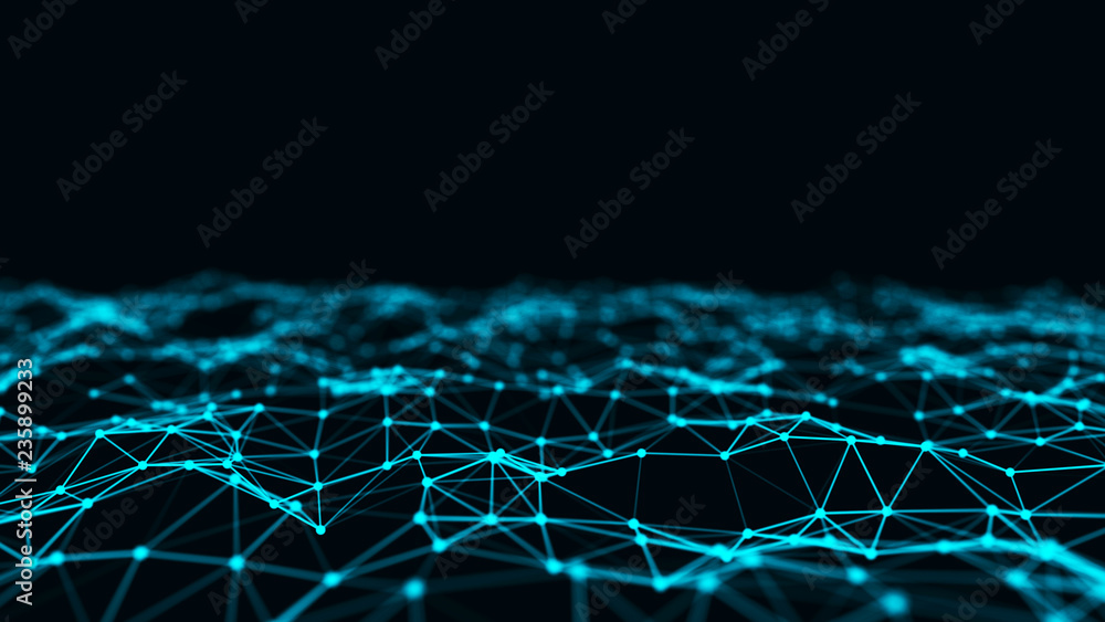 Poster abstract interweaving dots and lines of blue tint. visualization of particles form of waves. large d