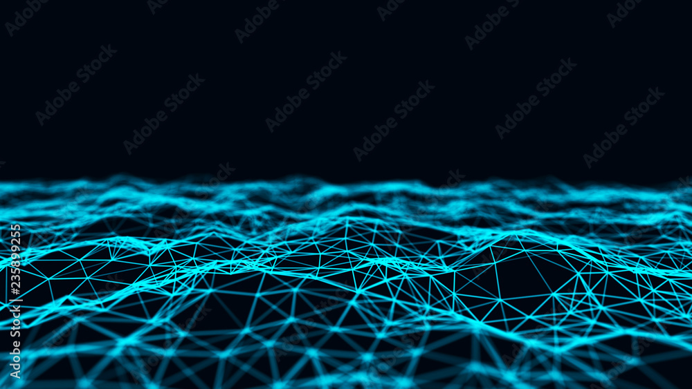 Poster abstract interweaving dots and lines of blue tint. visualization of particles form of waves. large d