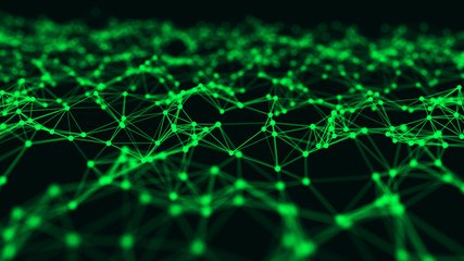 Abstract interweaving of points and lines of green shade. Visualization of particles form of waves. Large data background .3d rendering.