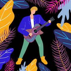 Musician man playing guitar, bright flat doodle vector illustration with guitarist and musical instrument