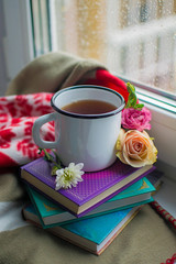 Cozy still life: mug of hot tea, books and flowers with warm plaid on windowsill. Rainy day outside. Reading, autumn and winter mood.