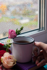 Cozy still life: mug of hot tea, books and flowers with warm plaid on windowsill. Rainy day outside. Reading, autumn and winter mood.