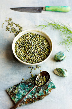 Green Lentil Salad Ingredients. Photographed on a light blue background.