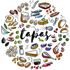 Tapas and appetizers hand drawn design - obrazy, fototapety, plakaty