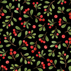 watercolor winter plants, christmas mistletoe branches. seamless pattern on a black background. fabric, wrapping gift paper, greeting card.