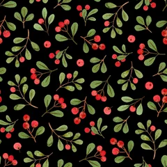 Gardinen aquarellwinterpflanzen, weihnachtsmistelzweige. nahtlose Muster auf schwarzem Hintergrund. Stoff, Geschenkpapier, Grußkarte. © alenaganzhela