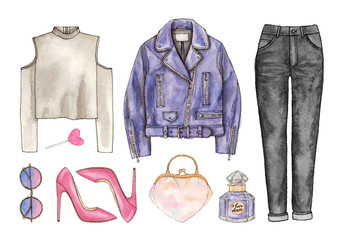 watercolor sketch casual clothes with accessories. hand painting fashion outfit illustration. set of isolated elements.