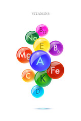 Falling colorful vitamin balls isolated on white background. Vector pharmacy illustration.
