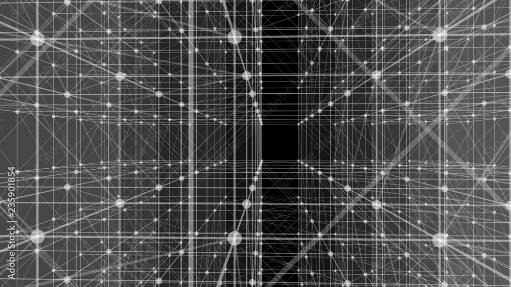 Poster white translucent plates in space. the connection plates with lines and dots on dark background. 3d 