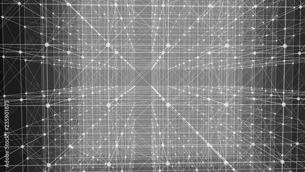 Poster white translucent plates in space. the connection plates with lines and dots on dark background. 3d 