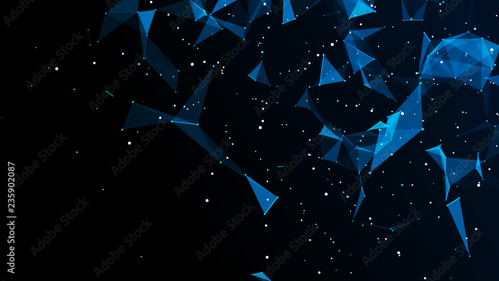 Poster Abstract connection of dots and lines. Distribution of triangular shapes in space. Network connection structure.
