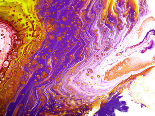 Abstract texture background colourful space painting. Purple, white, golden fluid acrylic.