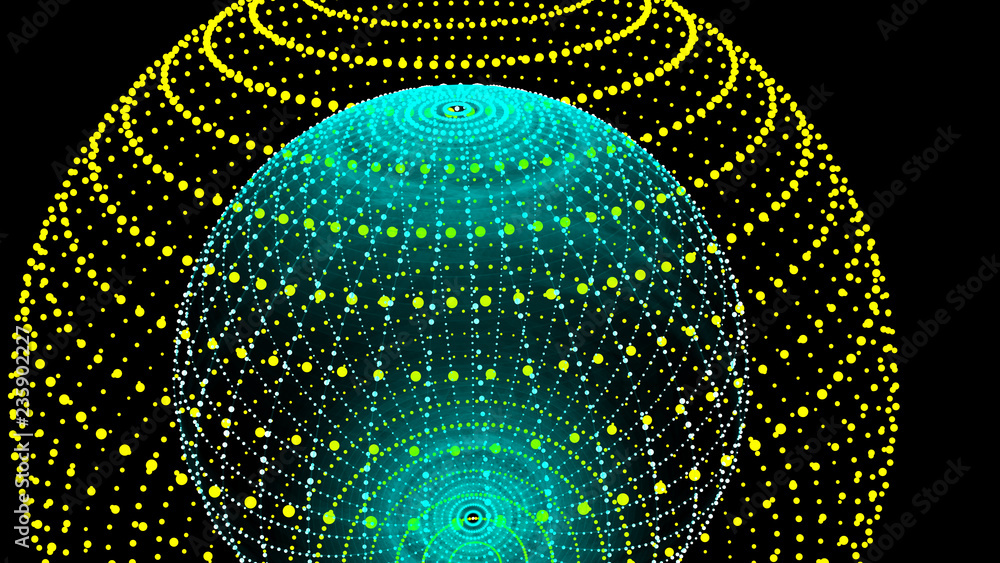 Poster abstract three-dimensional sphere of blue dots on dark background. rough wave shape. partial particl