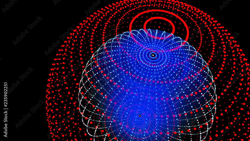 Poster abstract three-dimensional sphere of blue dots on dark background. rough wave shape. partial particl