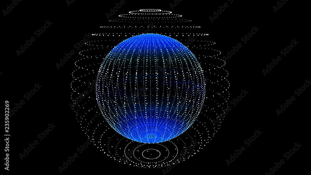 Poster abstract three-dimensional sphere of blue dots on dark background. rough wave shape. partial particl