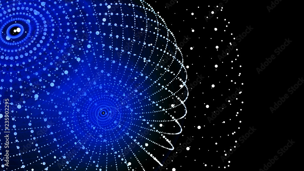 Poster abstract three-dimensional sphere of blue dots on dark background. rough wave shape. partial particl