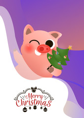Funny smiling pig with decorated Xmas tree poster card lettering text logo design