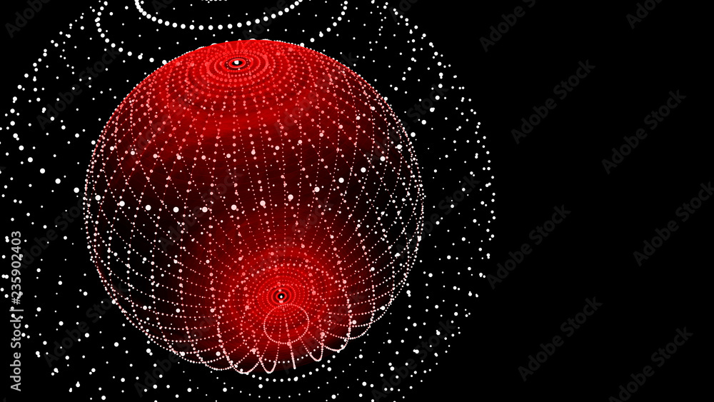 Poster abstract three-dimensional sphere of dots of red hue on dark background. rough wave shape. partial p