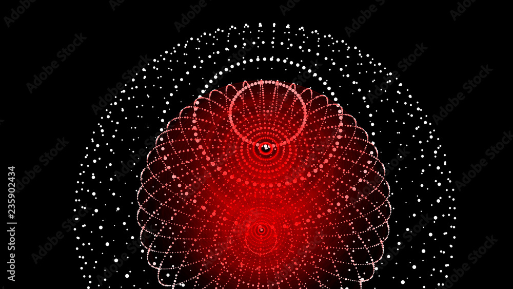 Poster abstract three-dimensional sphere of dots of red hue on dark background. rough wave shape. partial p