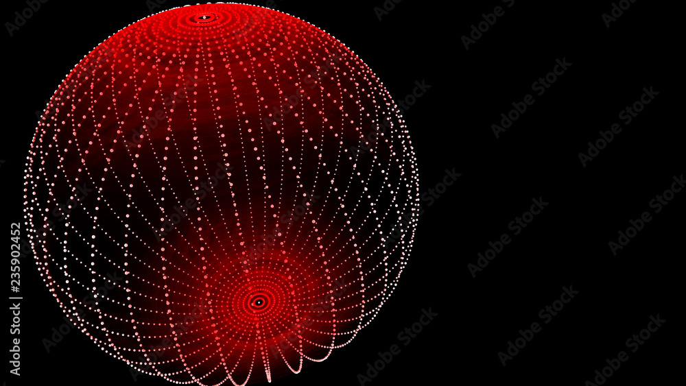 Poster abstract three-dimensional sphere of dots of red hue on dark background. rough wave shape. partial p