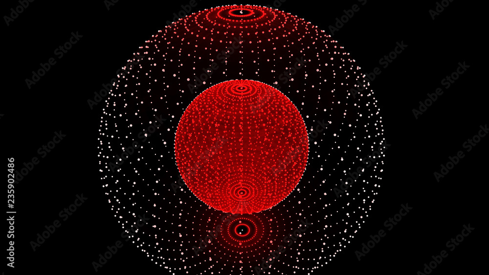 Poster abstract three-dimensional sphere of dots of red hue on dark background. rough wave shape. partial p