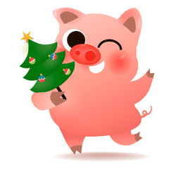 Funny smiling pig with decorated Xmas tree poster