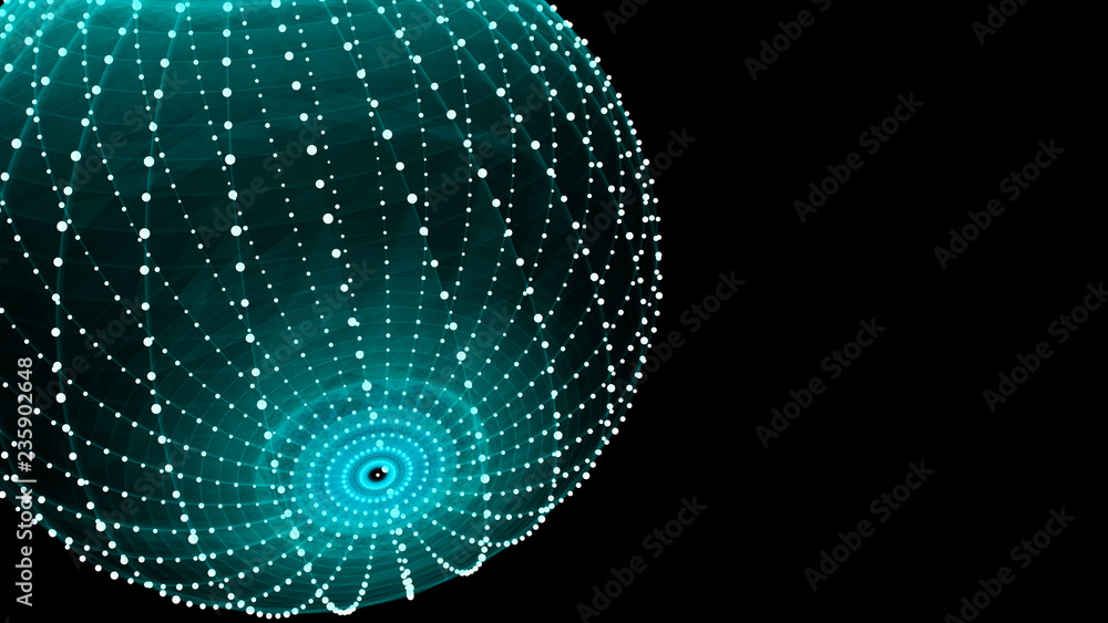 Poster abstract three-dimensional sphere of blue dots on dark background. rough wave shape. partial particl