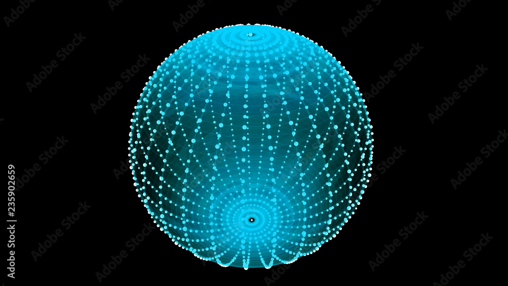 Poster abstract three-dimensional sphere of blue dots on dark background. rough wave shape. partial particl