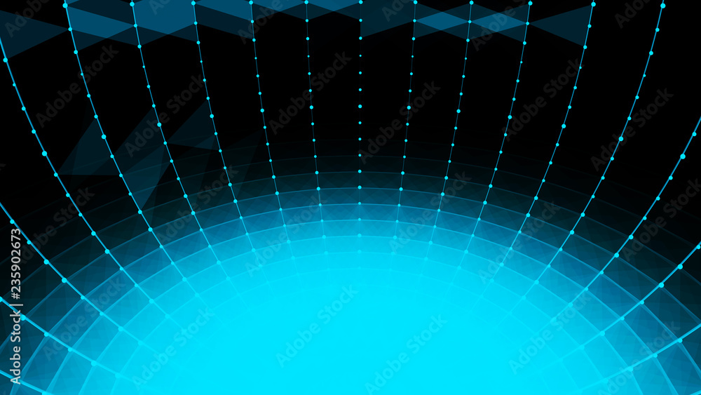 Poster abstract glossy sphere of blue tint on dark background. particles. 3d abstract noisy pulsating spher