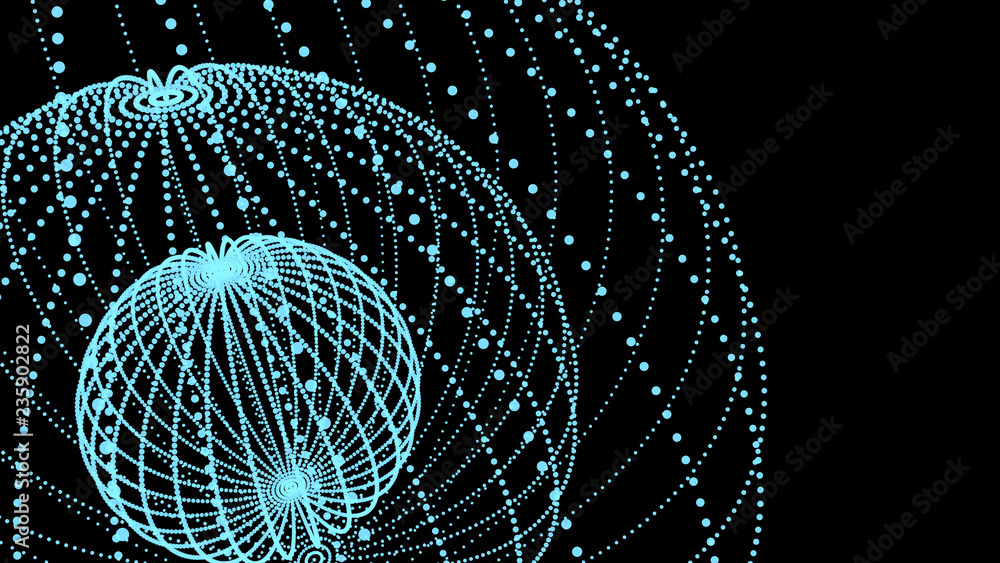 Poster abstract three-dimensional sphere of blue dots on dark background. rough wave shape. partial particl