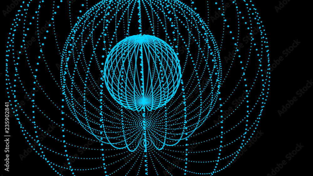 Poster abstract three-dimensional sphere of blue dots on dark background. rough wave shape. partial particl