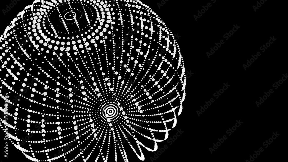 Poster abstract three-dimensional sphere of dots on dark background. rough wave form. partial particles. 3d