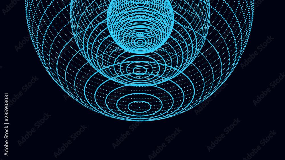 Poster abstract three-dimensional sphere of blue dots on dark background. rough wave shape. partial particl
