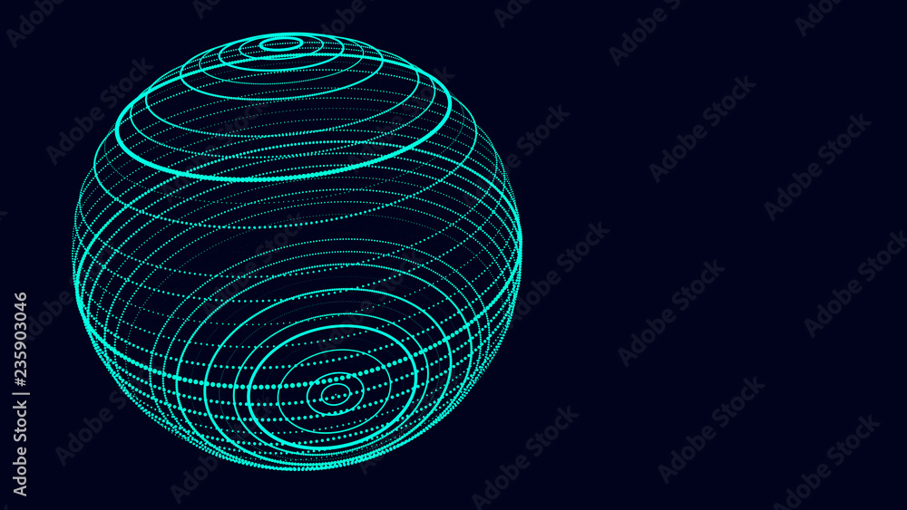 Poster abstract three-dimensional sphere of blue dots on dark background. rough wave shape. partial particl