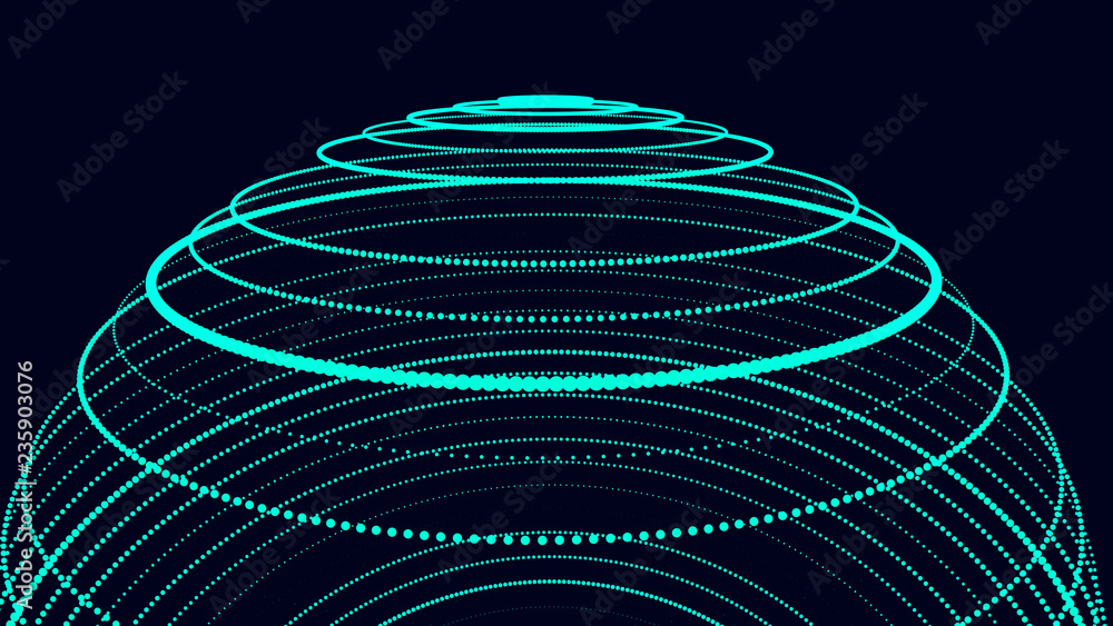 Poster abstract three-dimensional sphere of blue dots on dark background. rough wave shape. partial particl