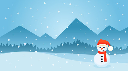 Vector winter landscape background with a snowman with a scarf
