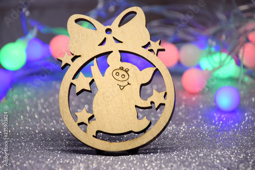 Wooden Chinese New Year Toy With Funny Pig And Stars On Beautiful