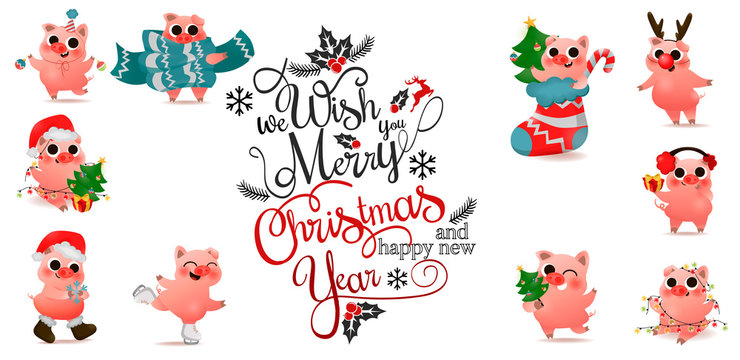 Happy Chinese New Year of pig set with christmas lettering text logo design