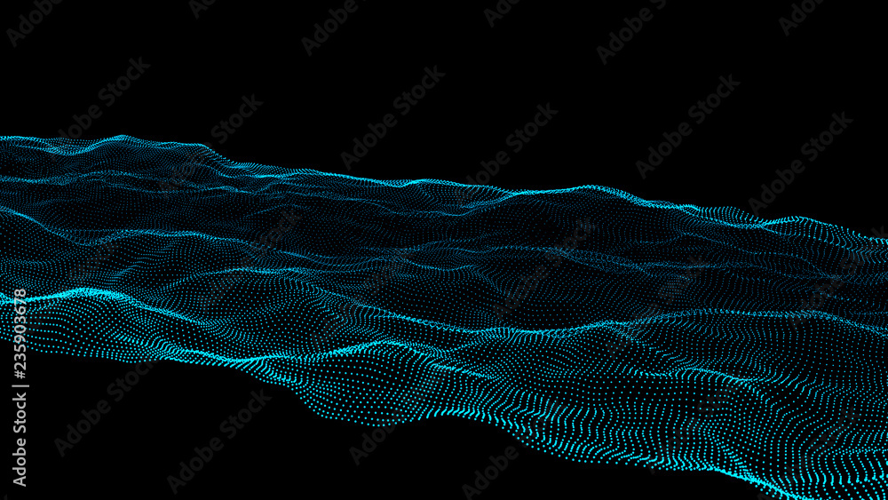 Poster futuristic point wave.wave of particles. abstract background with a dynamic wave. 3d rendering.
