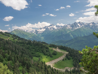 Arkhyz river valley in mid-summer. View from the top of the ski lift