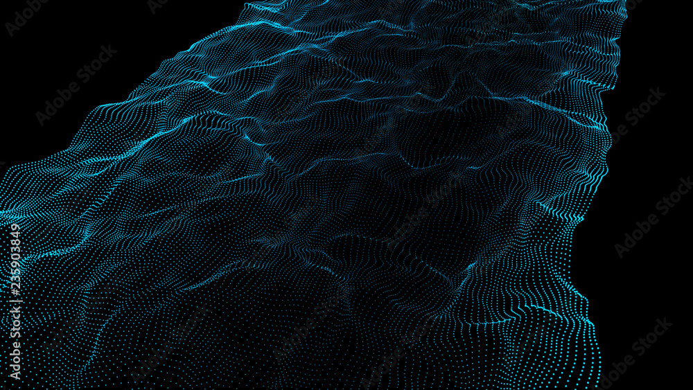 Poster Futuristic point wave.Wave of particles. Abstract background with a dynamic wave. 3D rendering.