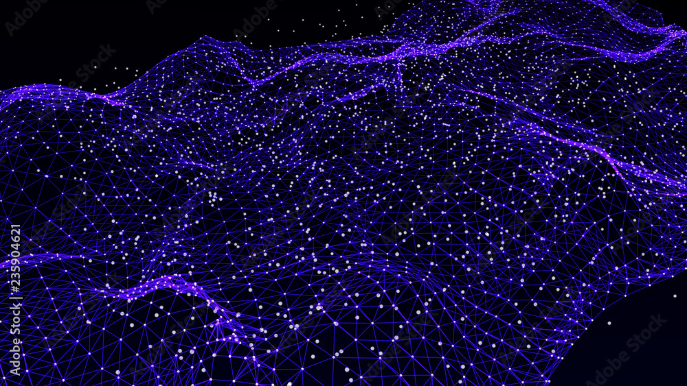 Poster Abstract polygonal space. Network connection structure. Dark background with connecting dots and lines. Big data digital background. 3d rendering.