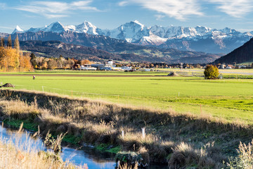 swiss alps in autumn, bern belp airport, switzerland