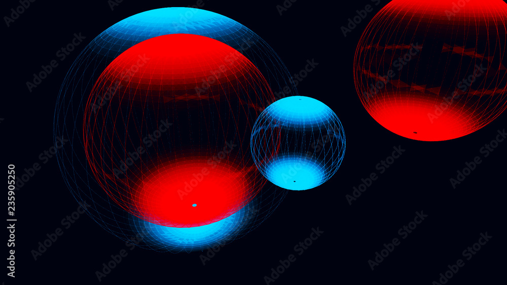 Poster abstract glossy sphere of red and blue tint on dark background. particles. 3d abstract noisy pulsati