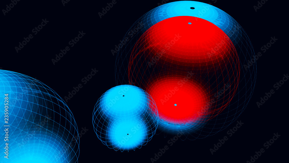 Poster abstract glossy sphere of red and blue tint on dark background. particles. 3d abstract noisy pulsati