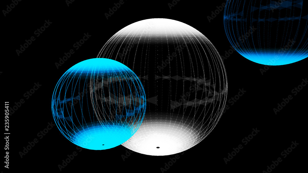 Poster abstract glossy sphere of blue and white tint on dark background. particles. 3d abstract noisy pulsa